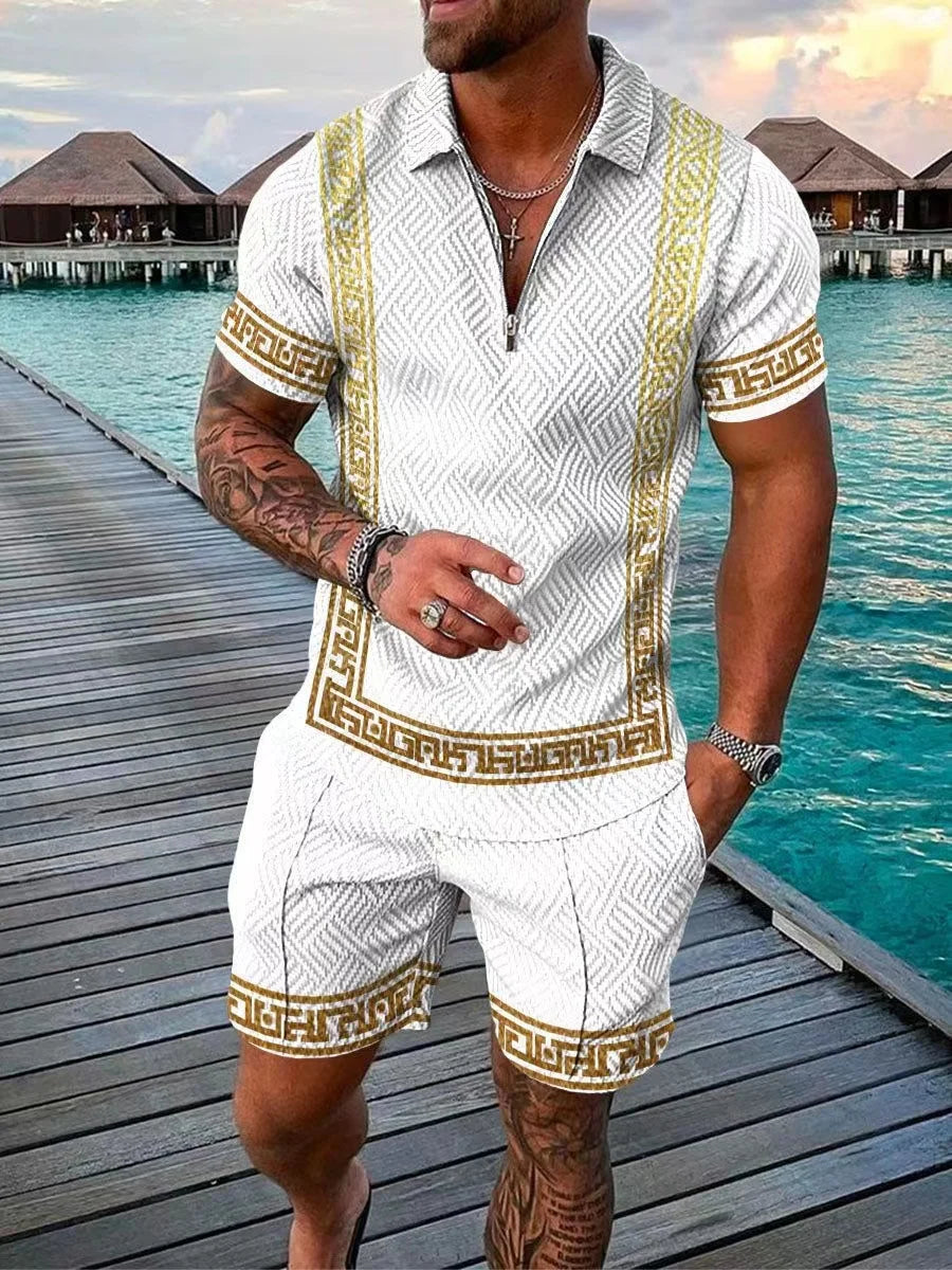 Men's Polo Tracksuit Set Summer Fashion Men Short Sleeve Zipper Polo Shirt&Shorts Set for Men Casual Streetwear 2 Piece Suit