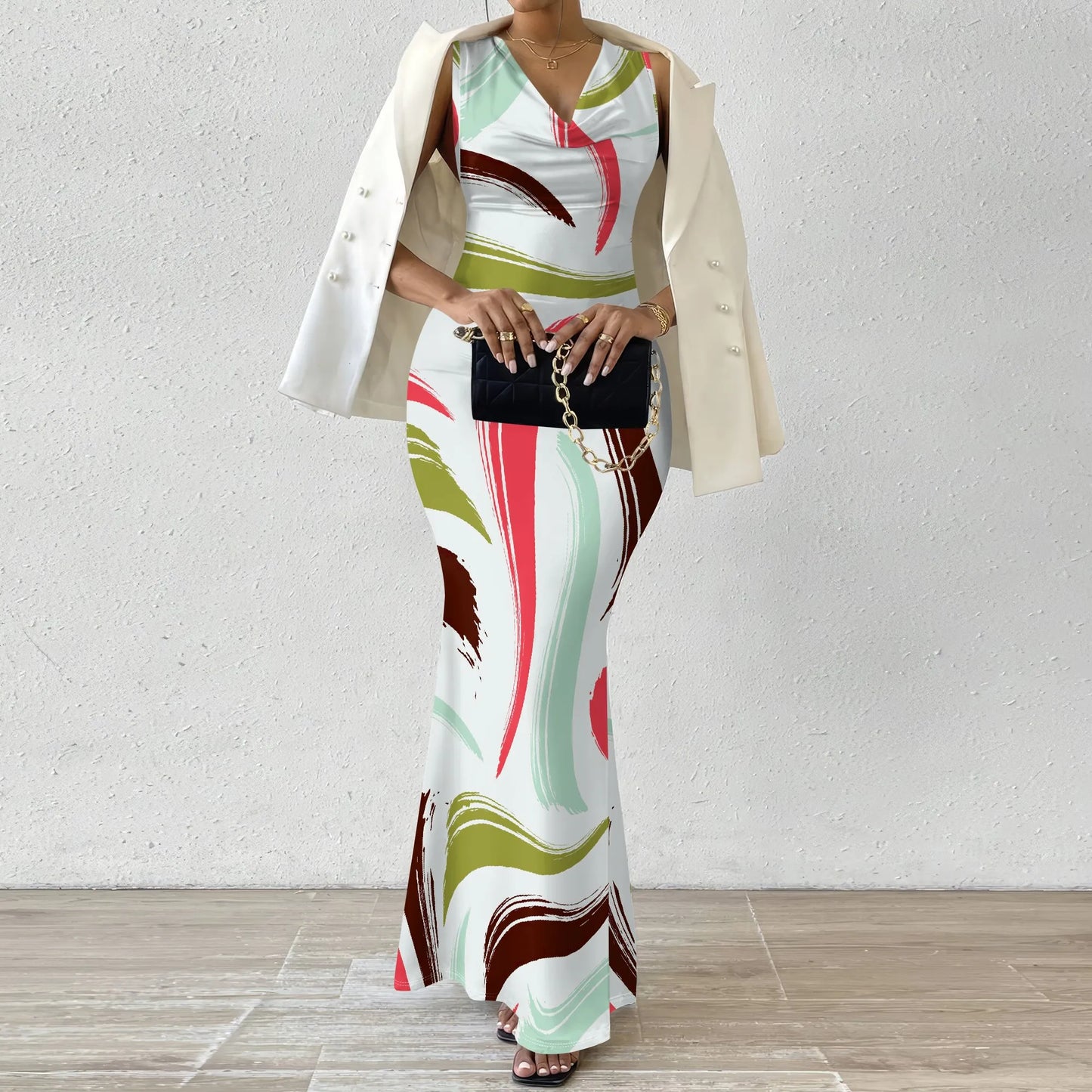 Womens Sexy Casual Dresses Colorful Geometric Off-Shoulder Maxi Dress  Artistic Party Evening Resortwear Swing Neck Dress