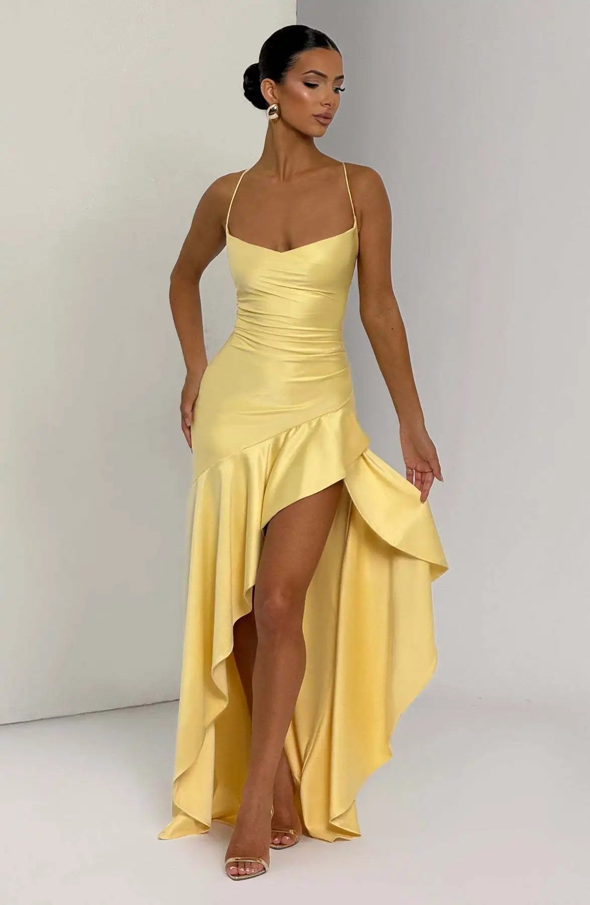 Summer Dresses For Woman Sexy Vestidos Slim Backless Elegant Evening Dress Slit Solid Color Spaghetti Strap Leace-up Temperament