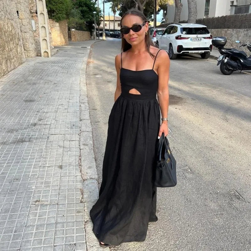 Sexy Black Corset Vacation Party Dress for Women Autumn Elegant Strap Backless Hollow Out Slit Cotton Holiday Long Dress
