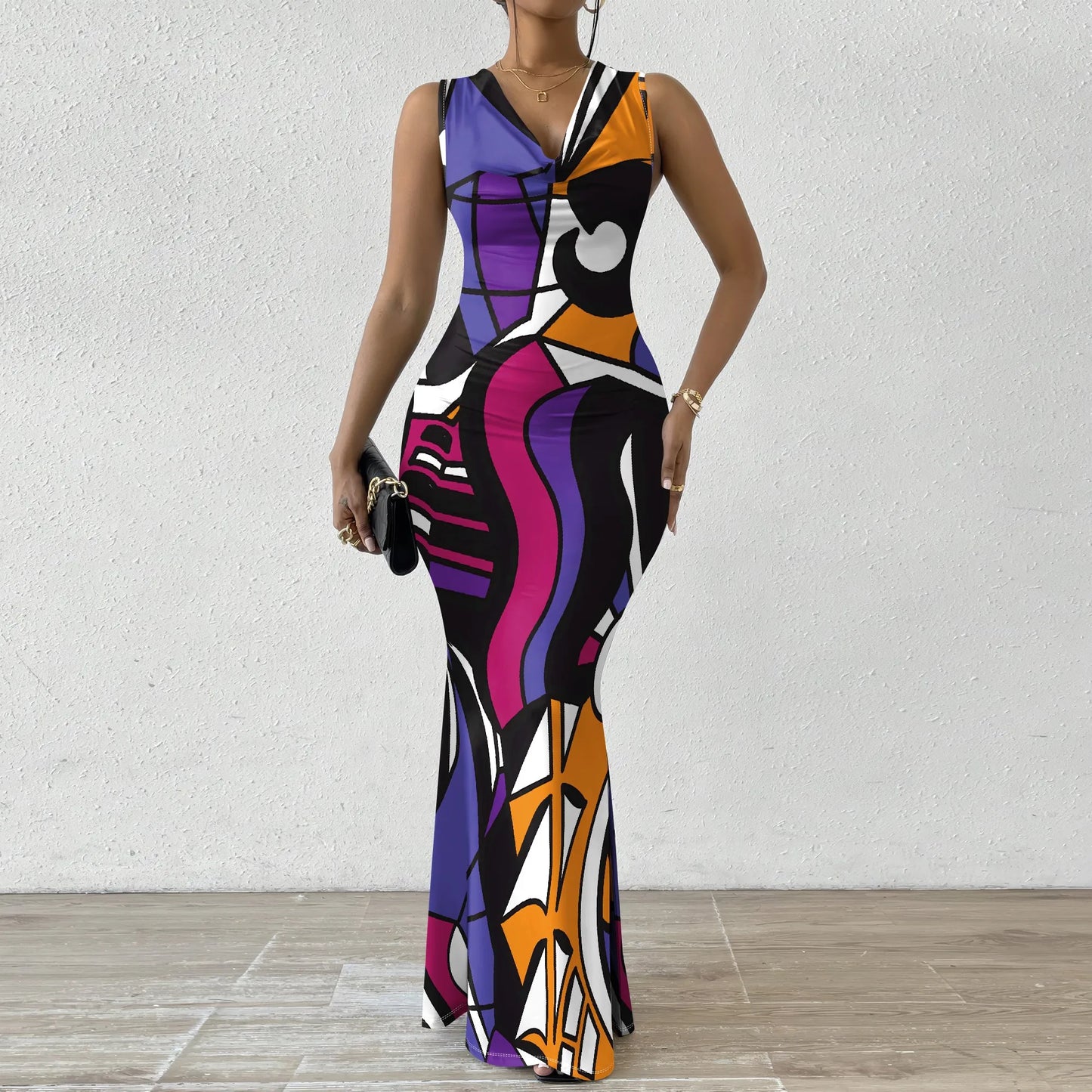 Womens Sexy Casual Dresses Colorful Geometric Off-Shoulder Maxi Dress  Artistic Party Evening Resortwear Swing Neck Dress