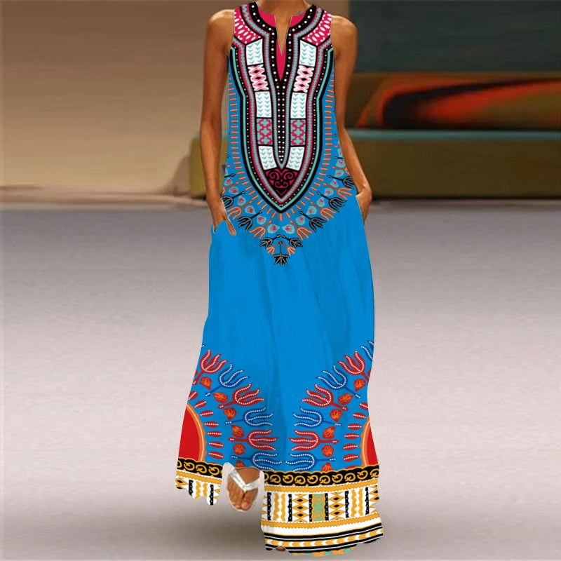 Elegant Dresses for Woman 3D Printed Dresses Summer Sleeveless V-Neck Long Dress Ladies Casual Elegant Beach Party Maxi Dresses