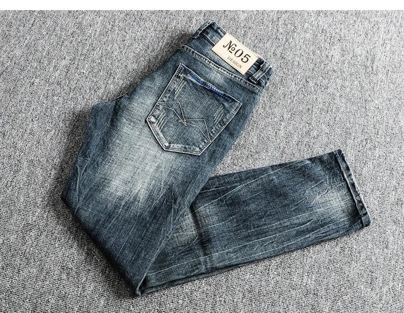 Italian Style Fashion Men Jeans Retro Blue Elastic Slim Fit Ripped Jeans Men Trousers Vintage Designer Casual Denim Pants Hombre