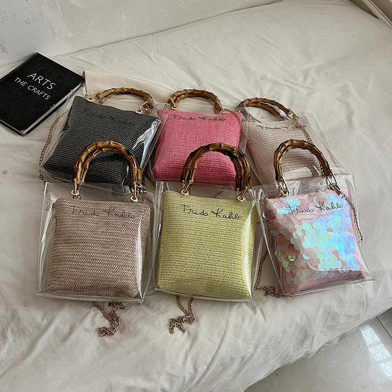Large Capacity Women PVC Handbags High Quality Ladies Transparent Beach Tote Shoulder Messenger Bags Casual Chain Crossbody Bag