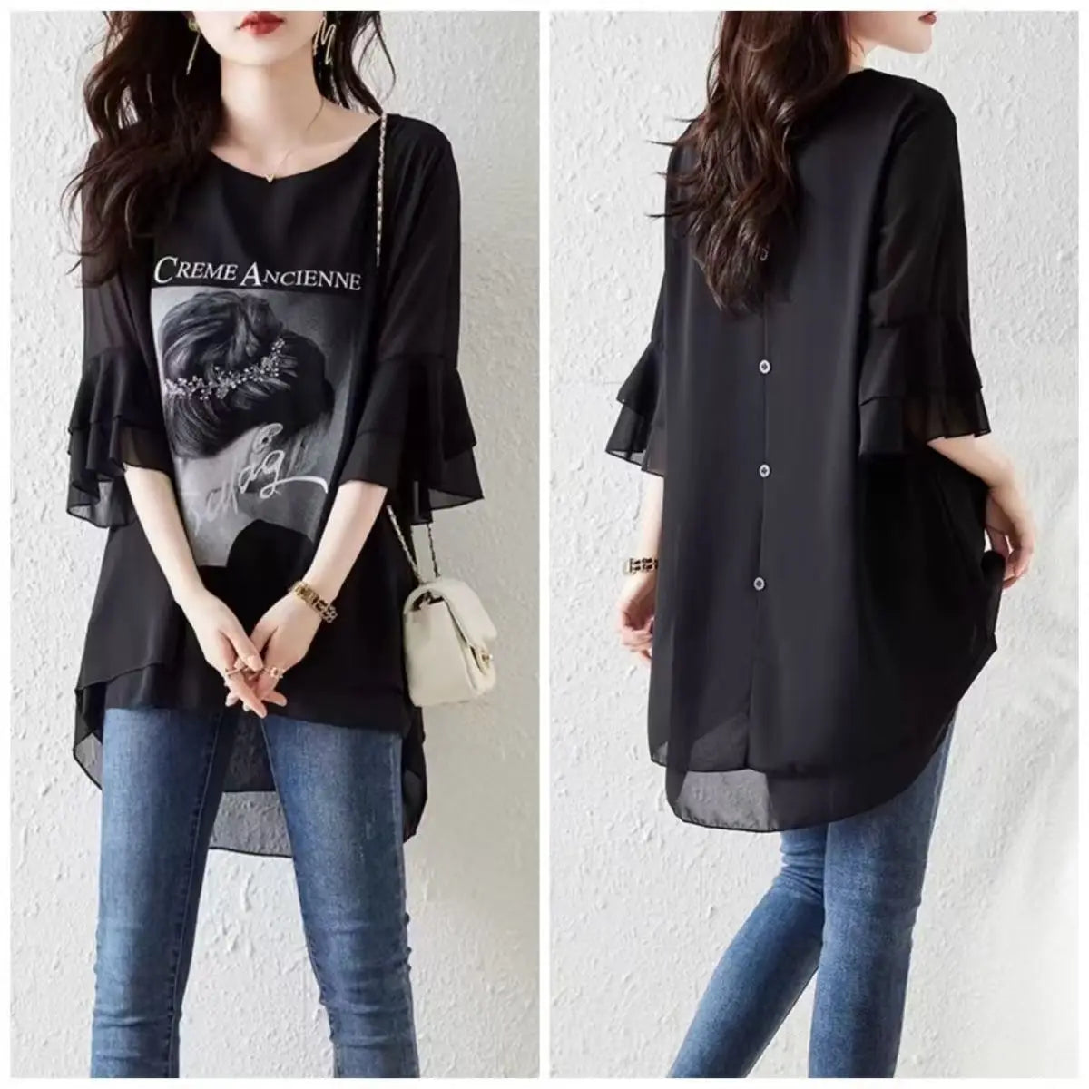 Elegant Women Blouse With Vintage Print And Ruffled Sleeves Loose Fit O Neck Top For Summer Casual Wear