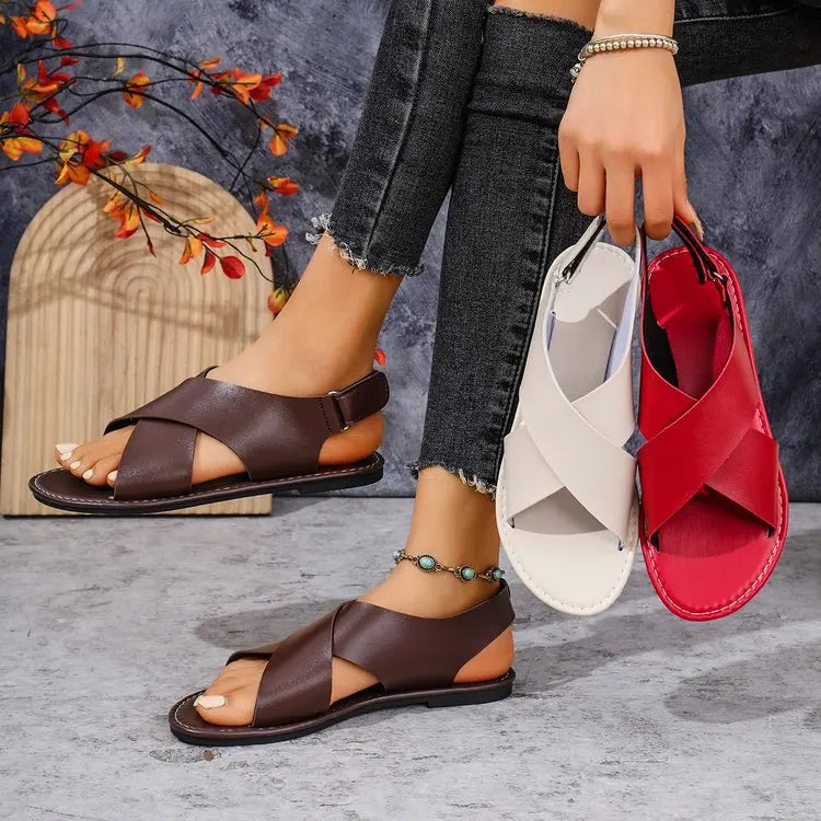 Women's Flat Sandals Lightweight Pu Leather Casual Sandals Summer Peep Toe Beach Sandals for Women Roman Sandal Sandalias Mujer