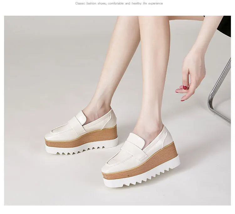 8cm Heeled Platform Wedges Shoes Womens High Heels Casual Lazy Shoes Square Toe Wedge Creepers Pumps Damen Black