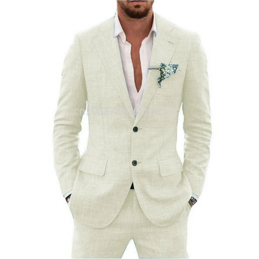 2024  Linen Suiting Fabric Full Men's Suit Lapel Collar Single-breasted 2 Piece Set Elegant Man Suits High Quality Blazer
