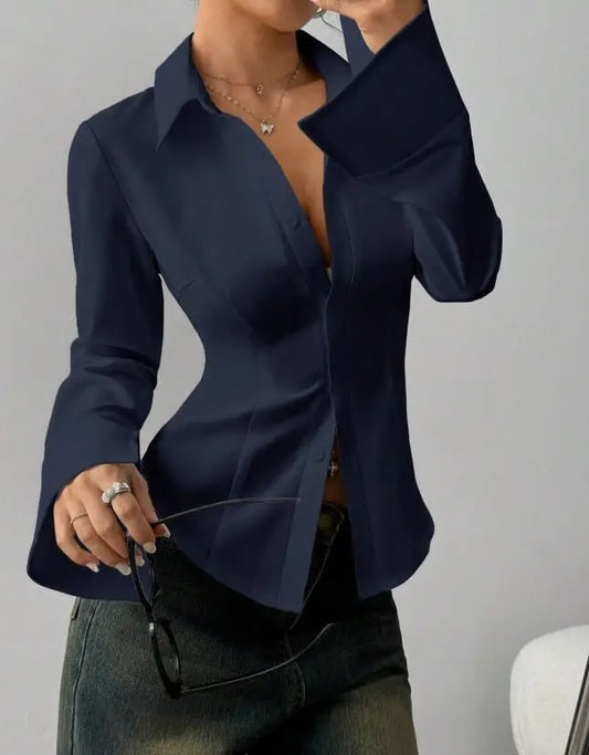 Women Blouse 2026 Spring Autumn New Solid Color Button Up Turn-Down Collar Long Sleeved Slim Fit Casual Cinched Waist Shirt Top