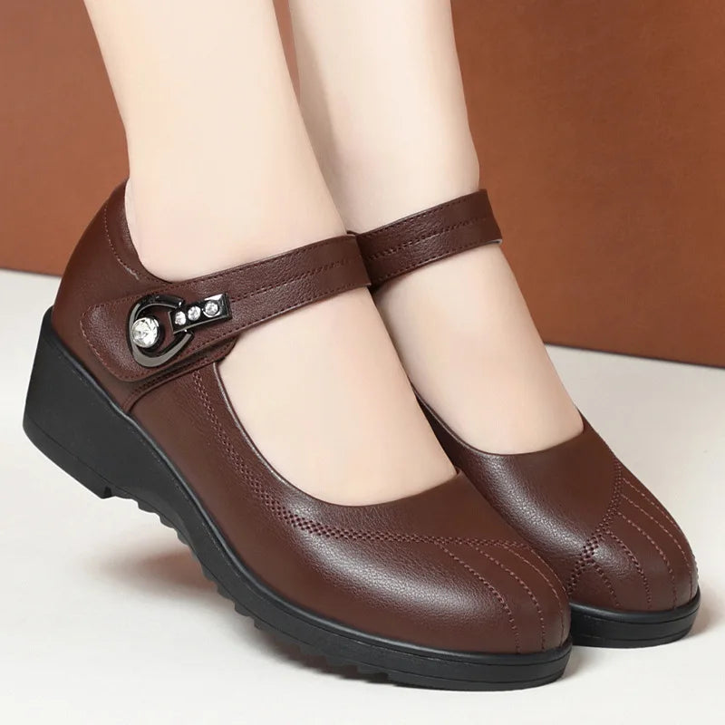 Women's Wedge Anti-slip  Ankle Strap Casual Office Comfortable Soft Leather Shallow Mouth Mom Shoes  Middle-aged Elderly