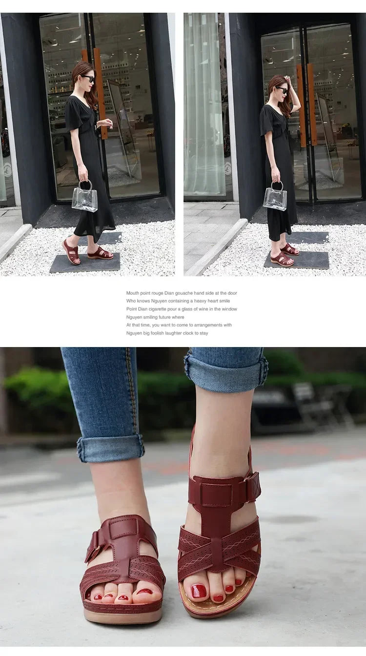 2024 Summer Women Wedge Sandals Premium Orthopedic Open Toe Sandals Vintage Anti-slip Leather Casual Female Platform Retro Shoes