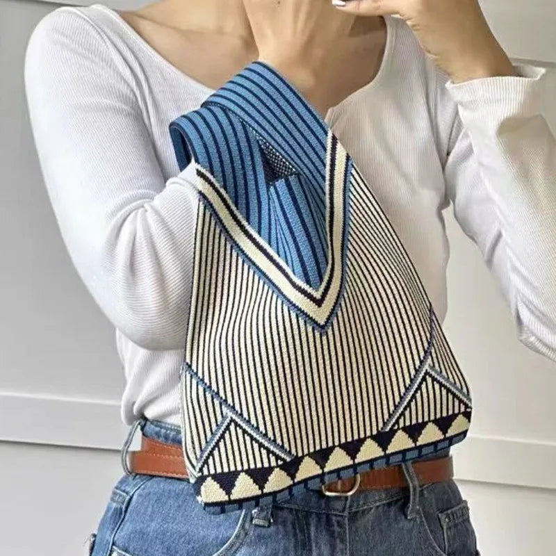 Women'S Knot Wrist Tote Bags Handmade Knitted Bag Portable Mini Striped Bucket Phone Bags Large Capacity Spring Summer Handbags