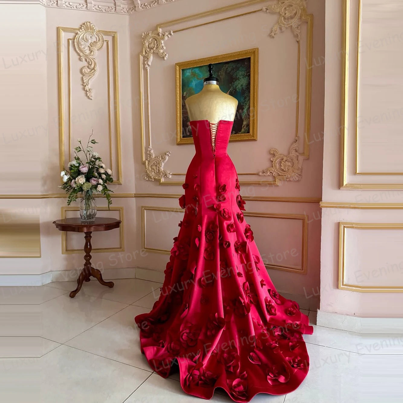 Luxury Red Evening Dresses Sexy 3-D Flowers Sleeveless Strapless Elegant Prom Gowns Party Customized Fashion Vestidos De Noche