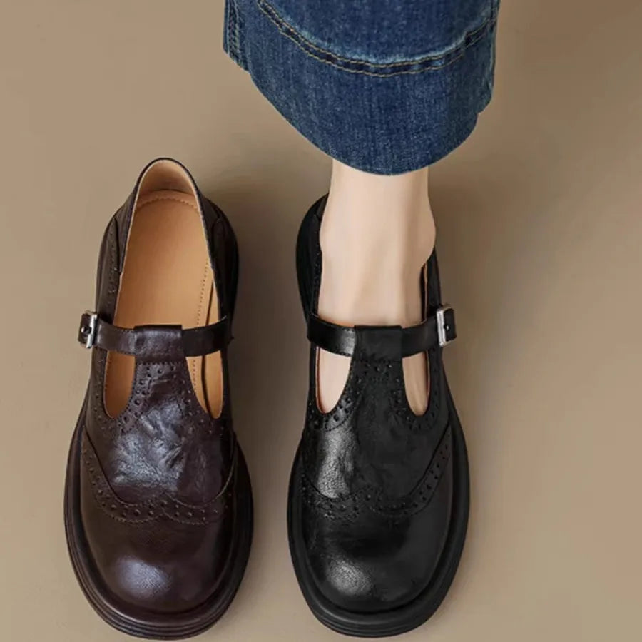 Women's Shoes T Strap Casual Vintage Lambskin Openwork Flower Flat Heel Loafers Women New Shoes Round Head  Leisure Daily Shoe