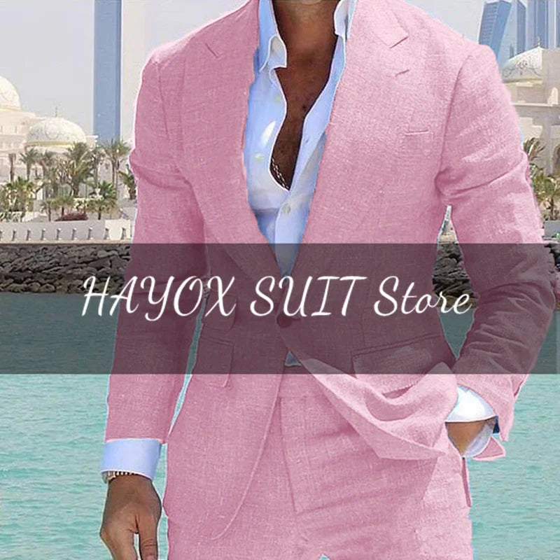 Men's Suit 2 Piece Set Linen Lapel Slim Fit Single Button Casual Comfortable Suit Formal Groom Best Man Dress Elegant and Stylis