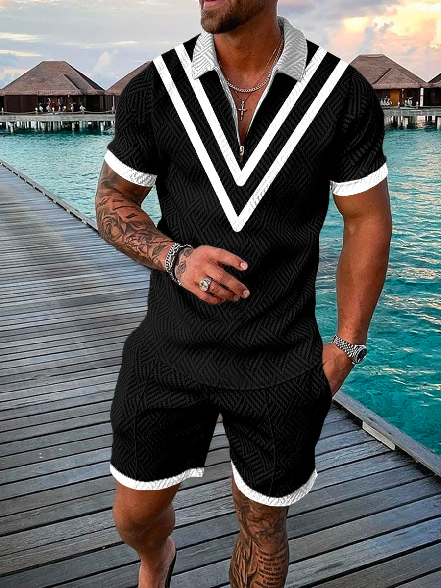 Men's Polo Tracksuit Set Summer Fashion Men Short Sleeve Zipper Polo Shirt&Shorts Set for Men Casual Streetwear 2 Piece Suit
