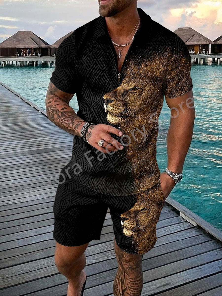 Men's Polo Tracksuit Set Summer Fashion Men Short Sleeve Zipper Polo Shirt&Shorts Set for Men Casual Streetwear 2 Piece Suit