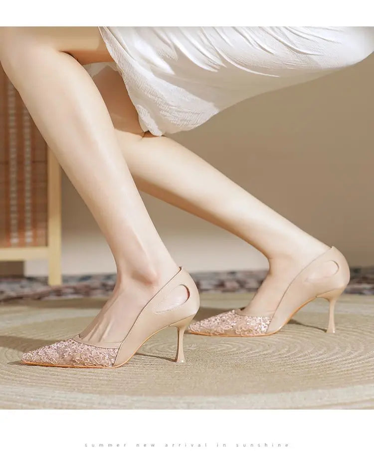 Comfortable High Heels for Women Summer 2026 New Pointed Toe Slim Heel Mesh Design Niche Popular Single Shoes