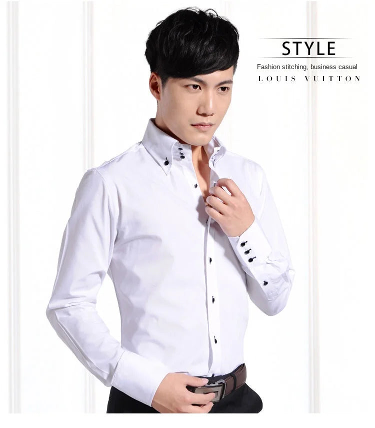 Men's Dress Shirt Button-down Collared Long Sleeve Formal Business Casual Shirt Korean Fashion Slim Fit Designer Shirts White