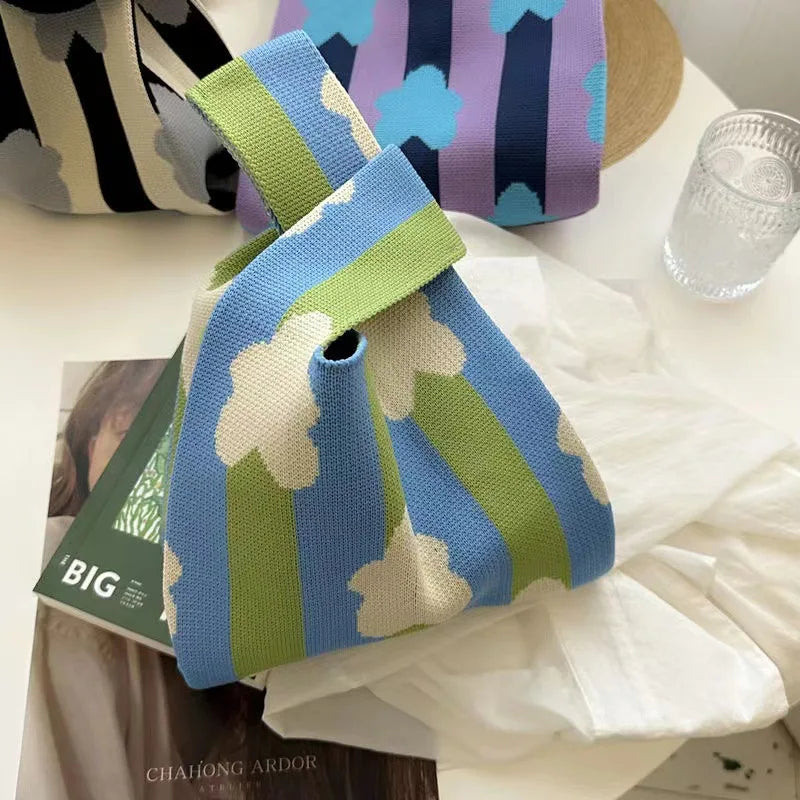 Women'S Knot Wrist Tote Bags Handmade Knitted Bag Portable Mini Striped Bucket Phone Bags Large Capacity Spring Summer Handbags