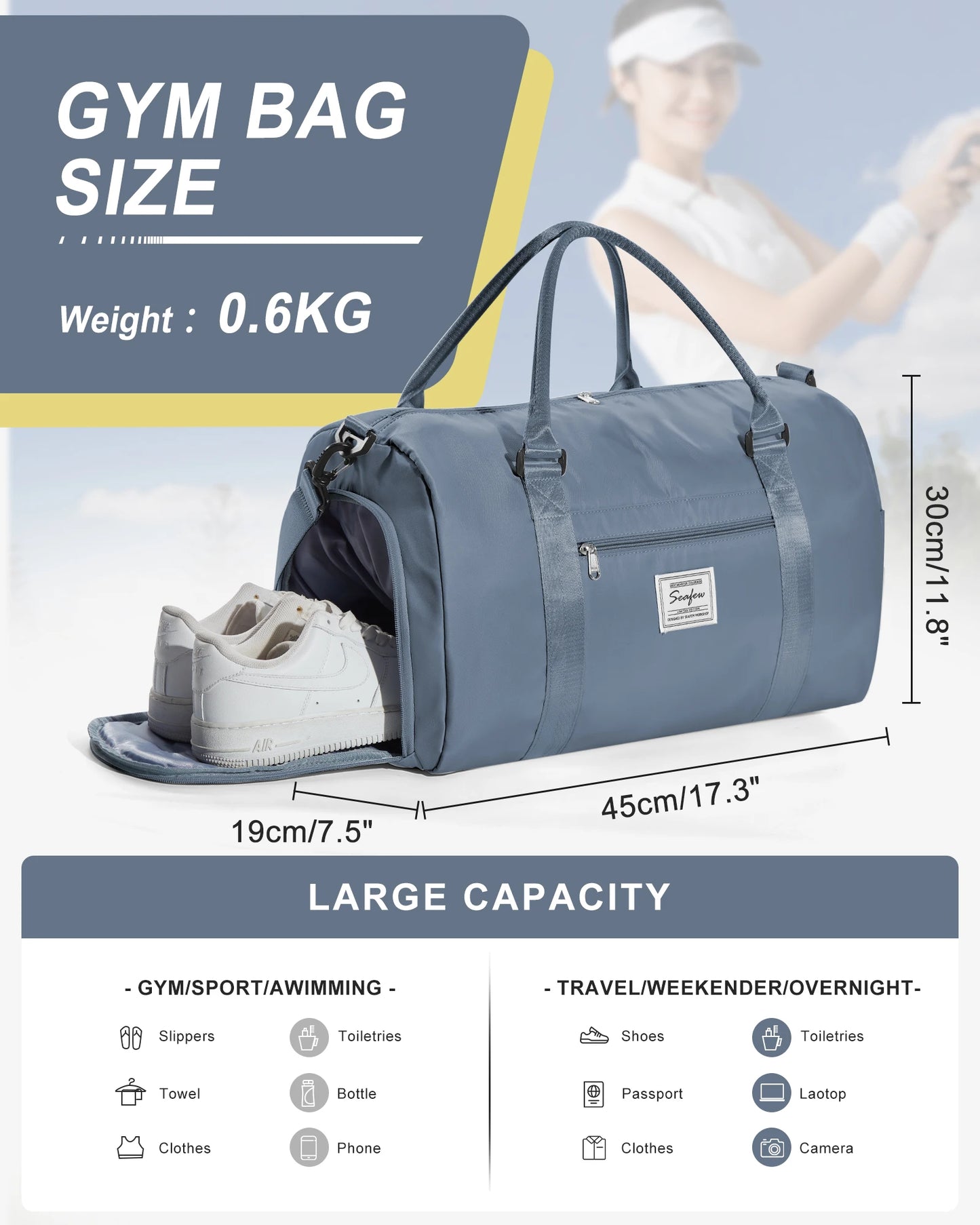 Hand Pockets Lady Weekender Bag Travel Canvas Bag, Weekend Nightlife Bag, Women Men Sports Fitness Bag，Hospital Delivery Bag