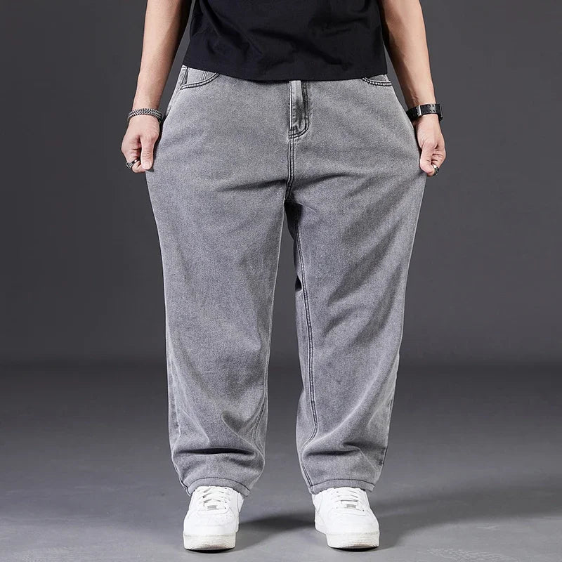 Autumn Thin Denim Jeans Men Plus Size Loose Straight Leg Sport Pants Fat Guy Elastic Long Trendy Trousers Black Grey Blue Jeans