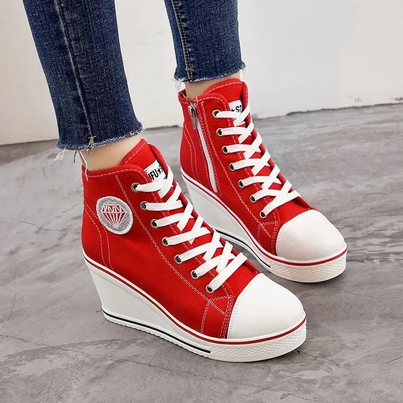 Wedge Heel Casual Shoes for Women New Canvas Shoes Side Zipper High Heel Lace Up Shoes Woman's Heightening Platform Sneakers