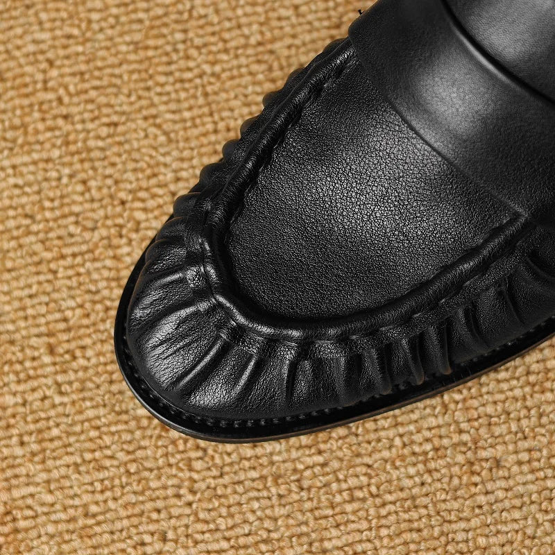Women Shoes Spring Simple Shoes Soft Flats Slip On Girl Pleated Footwear Handmade Round Toe Genuine Leather Cozy Vintage Shoes