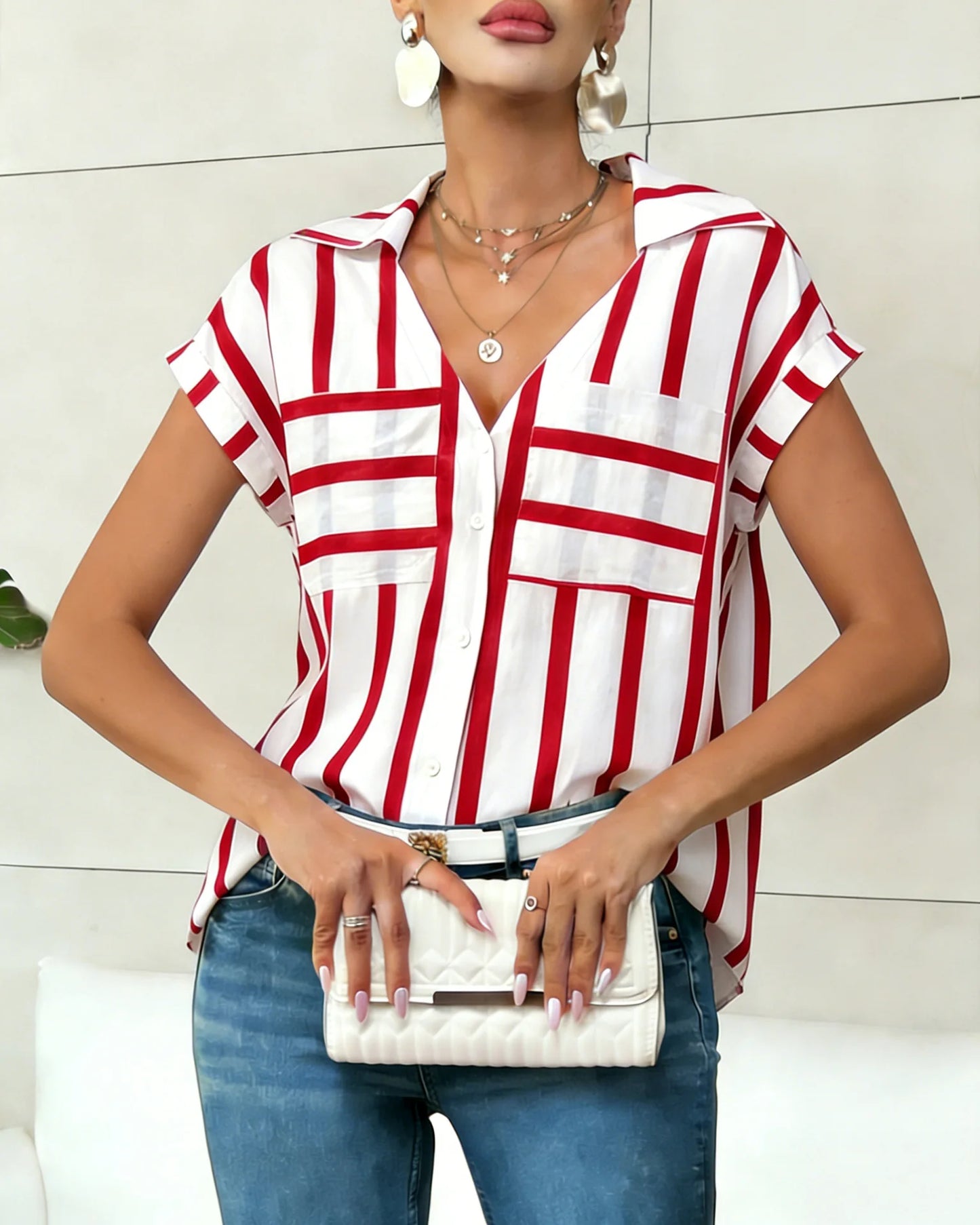 Women's Blouse Shirt Summer Top Navy White Top Vertical Stripe V Neck Short Sleeve Sleek Stylish Daily Shirt Casual Tops