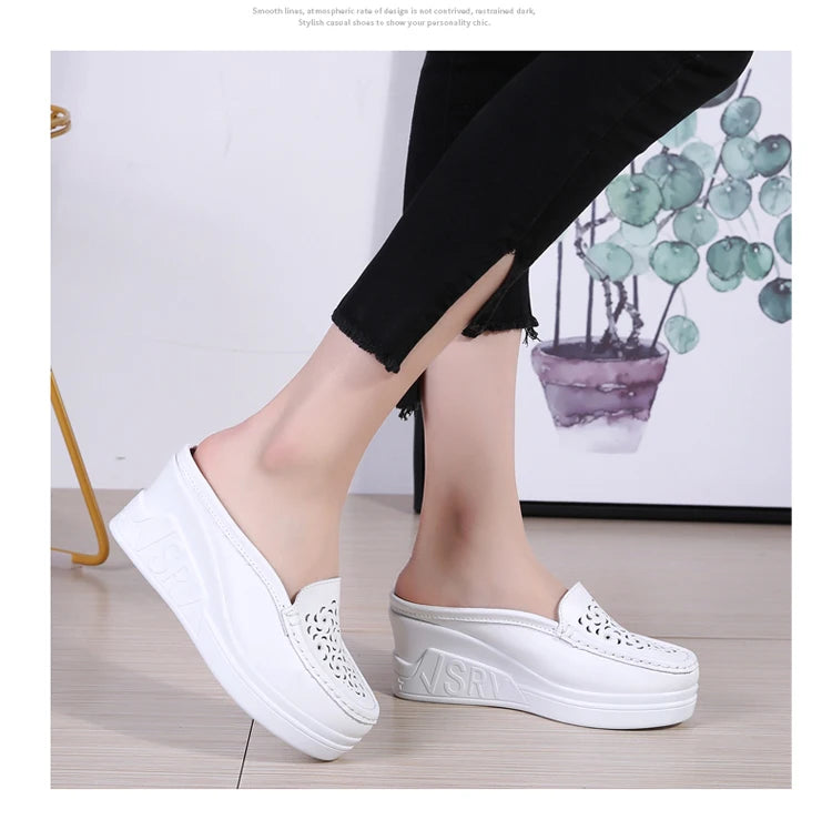STRONGSHEN Women Slippers Casual Hollow Out Heel Wedge Thick Bottom Increase by 8cm Half Slippers Women's Non slip Fashion Shoes