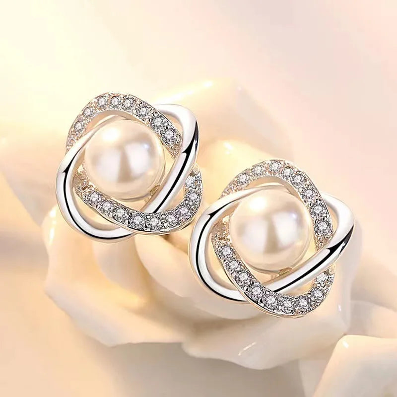 Upscale 14k Gold Jewelry Real Gold  Earrings Zircon Pearl Twist Luxury Stud Earrings for Women Brincos Pendientes Bijoux