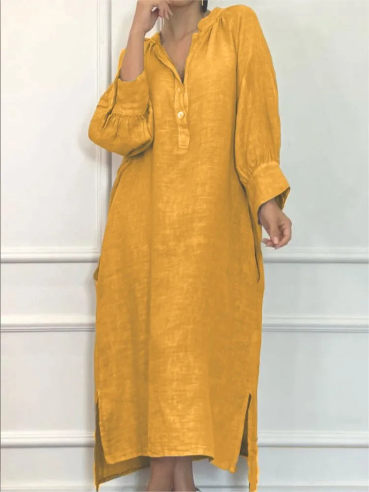 Fashion Cotton Linen Long-sleeved Loose Women's Dresses New Autumn Collection Casual Simple Pocket Elegant Female Slit Dress2025