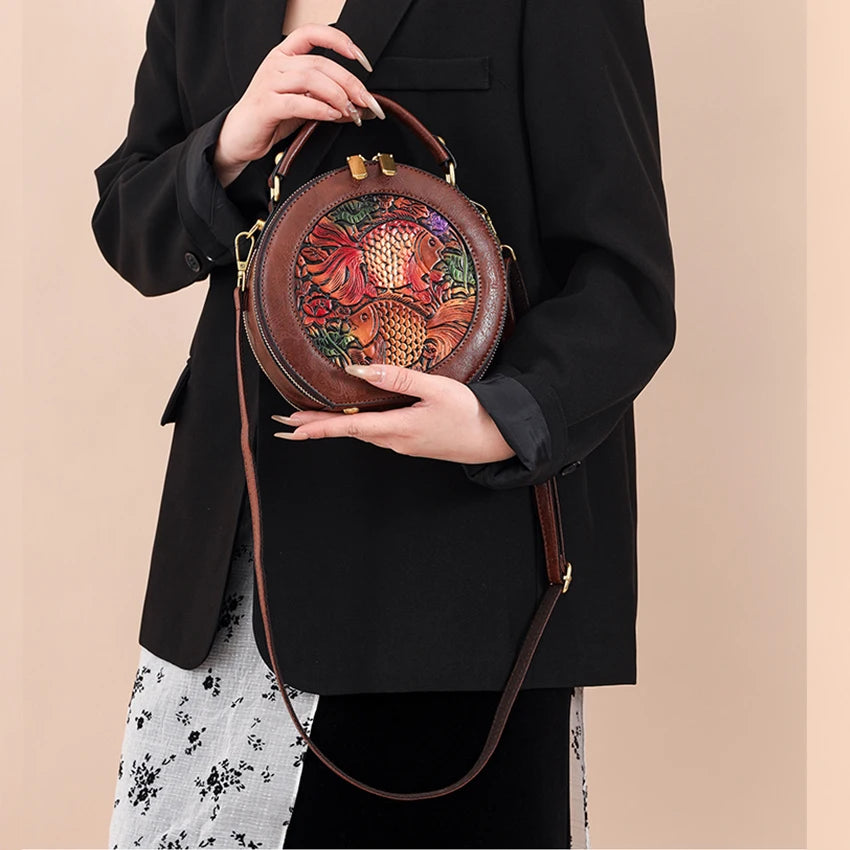 Vintage Handbag Women Shoulder Bag Luxurious Designer Round Bag High-quality Gift Embossed Printed Crossbody Purse for New Women
