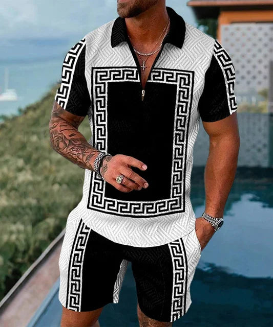 Men's Polo Tracksuit Set Summer Fashion Men Short Sleeve Zipper Polo Shirt&Shorts Set for Men Casual Streetwear 2 Piece Suit