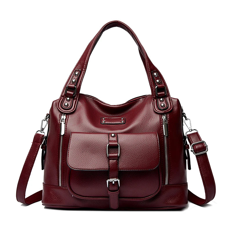 Women's Casual Tote Soft Leather Handbag Luxury Designer Shoulder Crossbody Hand Bag Ladies Shopping Sac Front Double Zipper