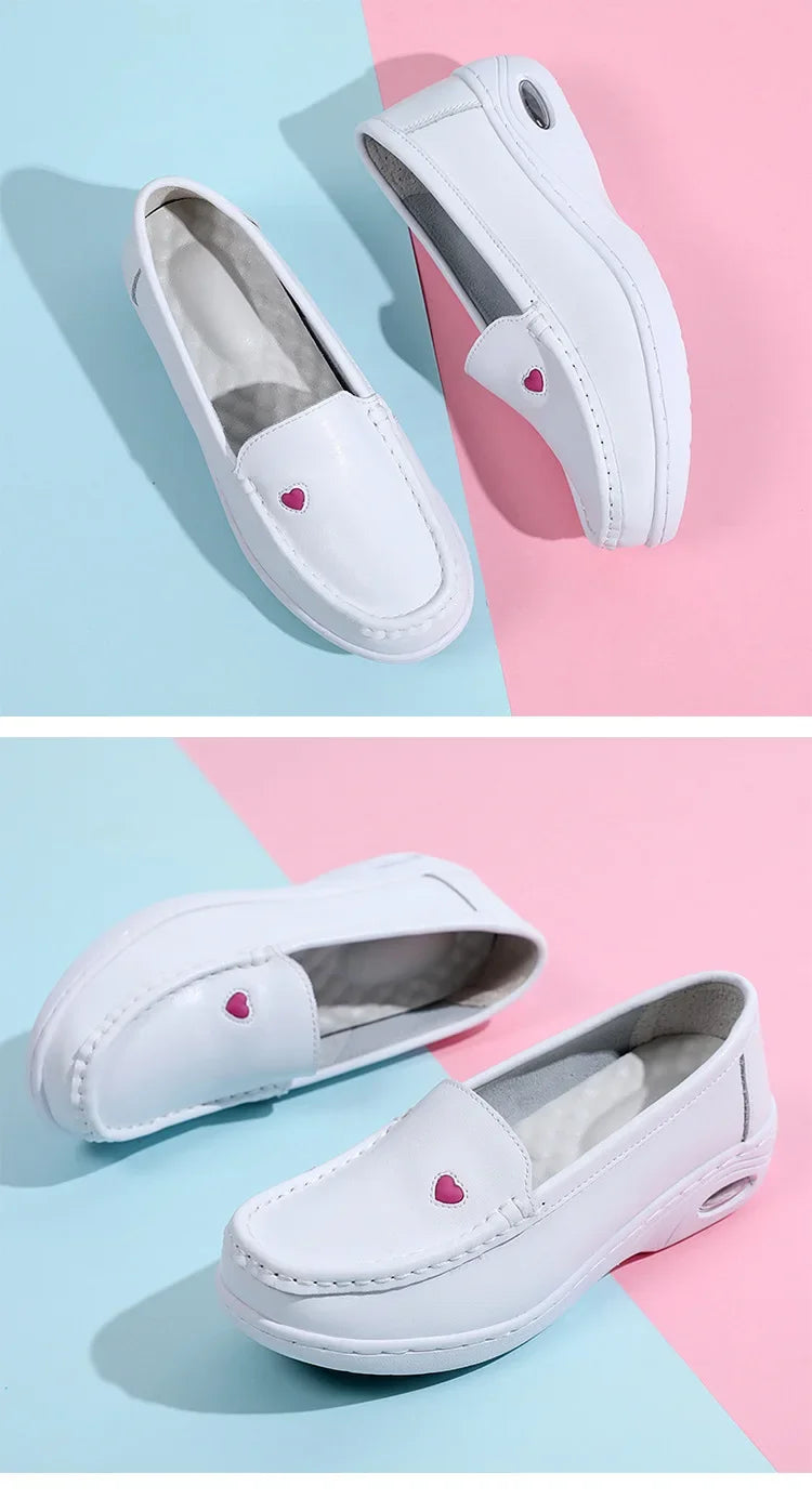 2025 New Women Flat Leather Shoes Casual White Wedge with Soft Bottom Love Heart Comfortable Mom Nurse Work Shoes Zapatillas