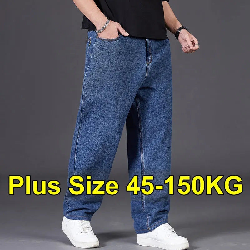 Autumn Thin Denim Jeans Men Plus Size Loose Straight Leg Sport Pants Fat Guy Elastic Long Trendy Trousers Black Grey Blue Jeans