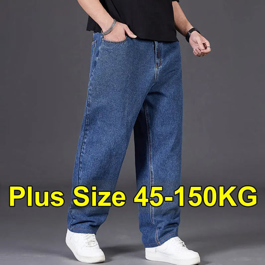 Autumn Thin Denim Jeans Men Plus Size Loose Straight Leg Sport Pants Fat Guy Elastic Long Trendy Trousers Black Grey Blue Jeans