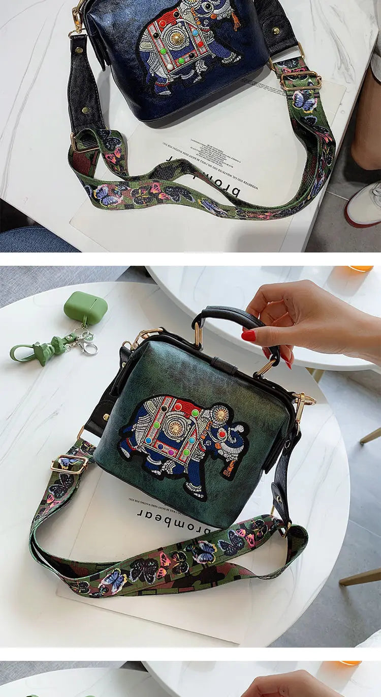 Women Leather Handbag Messenger Bag Purses Satchels Designer Luxury Handbags Crossbody Bags Elephant Embroidered Bags 2023 New