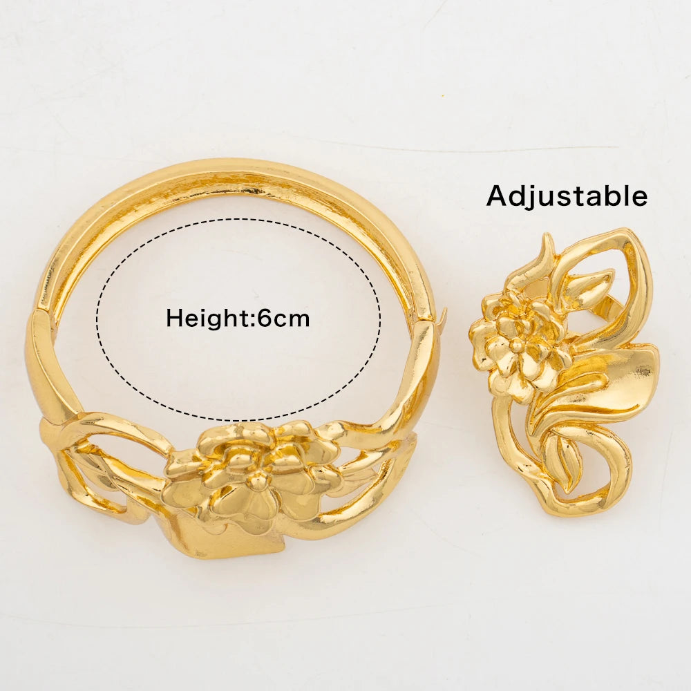 4Set Luxury Bangle Ring For Women Dubai Gold Color Bracelet France Jewelry Set Arabic African Adjustable Ring Party Wedding Gift