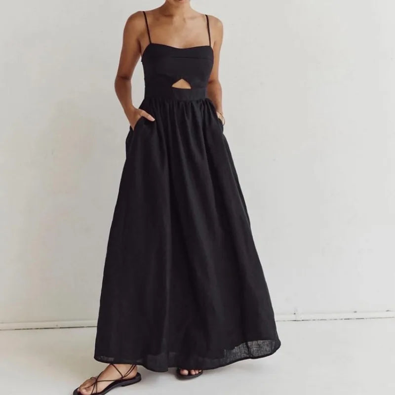 Sexy Black Corset Vacation Party Dress for Women Autumn Elegant Strap Backless Hollow Out Slit Cotton Holiday Long Dress