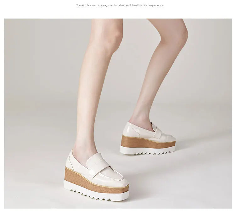 8cm Heeled Platform Wedges Shoes Womens High Heels Casual Lazy Shoes Square Toe Wedge Creepers Pumps Damen Black