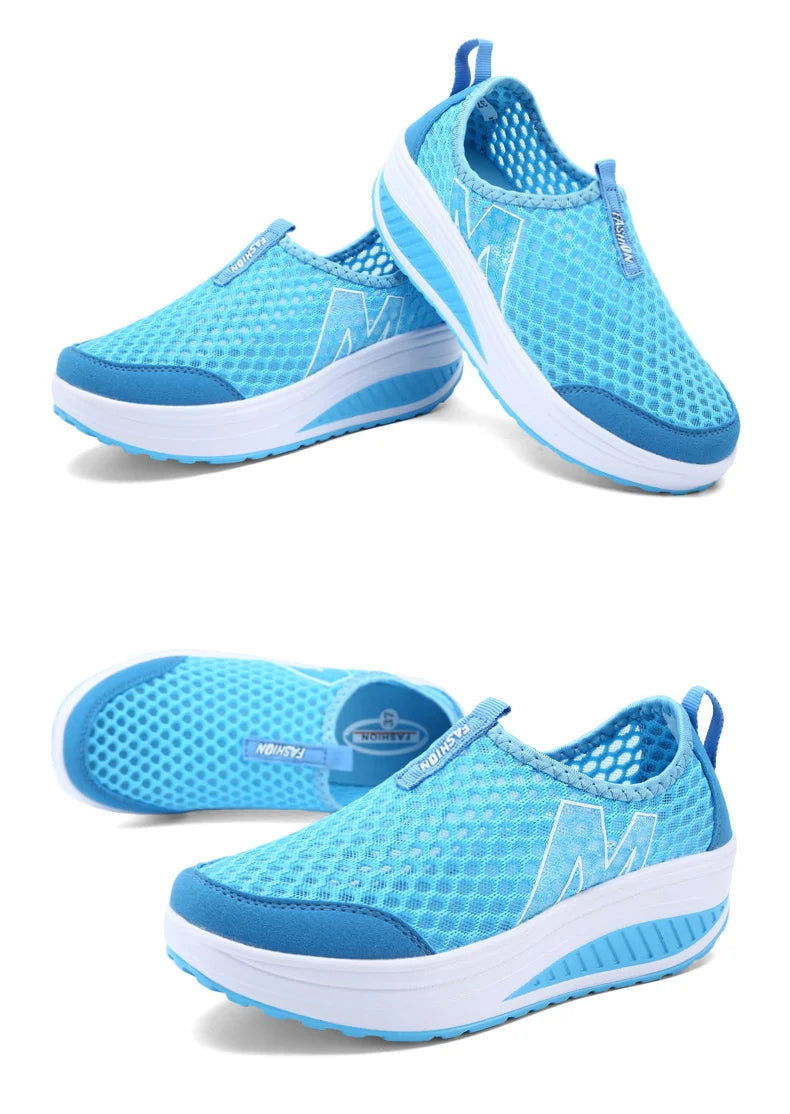Women Mesh Flat Shoes Sneakers Women Swing Wedge Hollowed Out Slip-on Shoes Women Platform Breathable Lightweigt Vulcanization