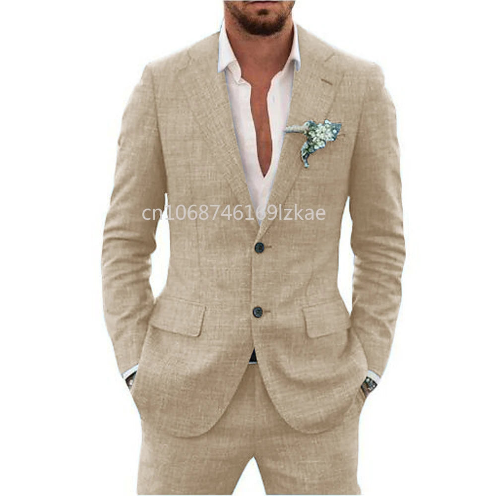 2024  Linen Suiting Fabric Full Men's Suit Lapel Collar Single-breasted 2 Piece Set Elegant Man Suits High Quality Blazer