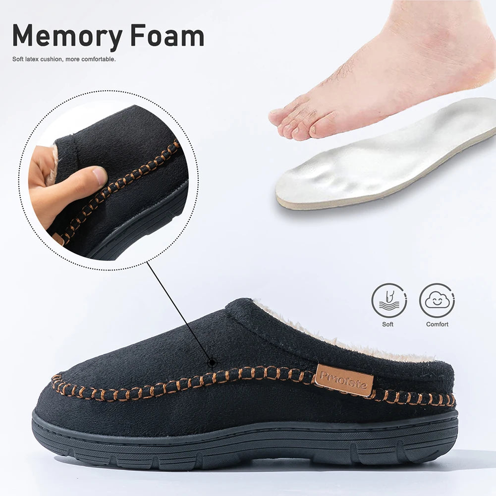 Pmoiste Soft Faux Suede House Slippers Men Comfortable Warm Cushion Designer Mark Line Living Room Shoes Slip-on Winter Indoor