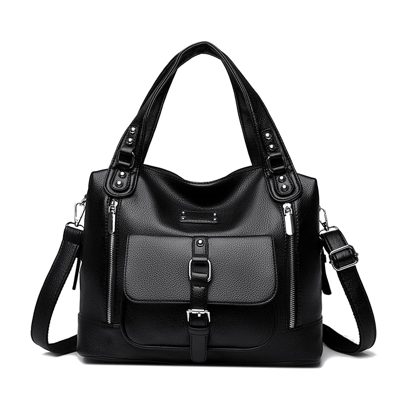 Women's Casual Tote Soft Leather Handbag Luxury Designer Shoulder Crossbody Hand Bag Ladies Shopping Sac Front Double Zipper