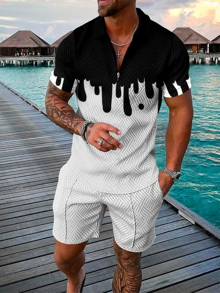 Men's Polo Tracksuit Set Summer Fashion Men Short Sleeve Zipper Polo Shirt&Shorts Set for Men Casual Streetwear 2 Piece Suit