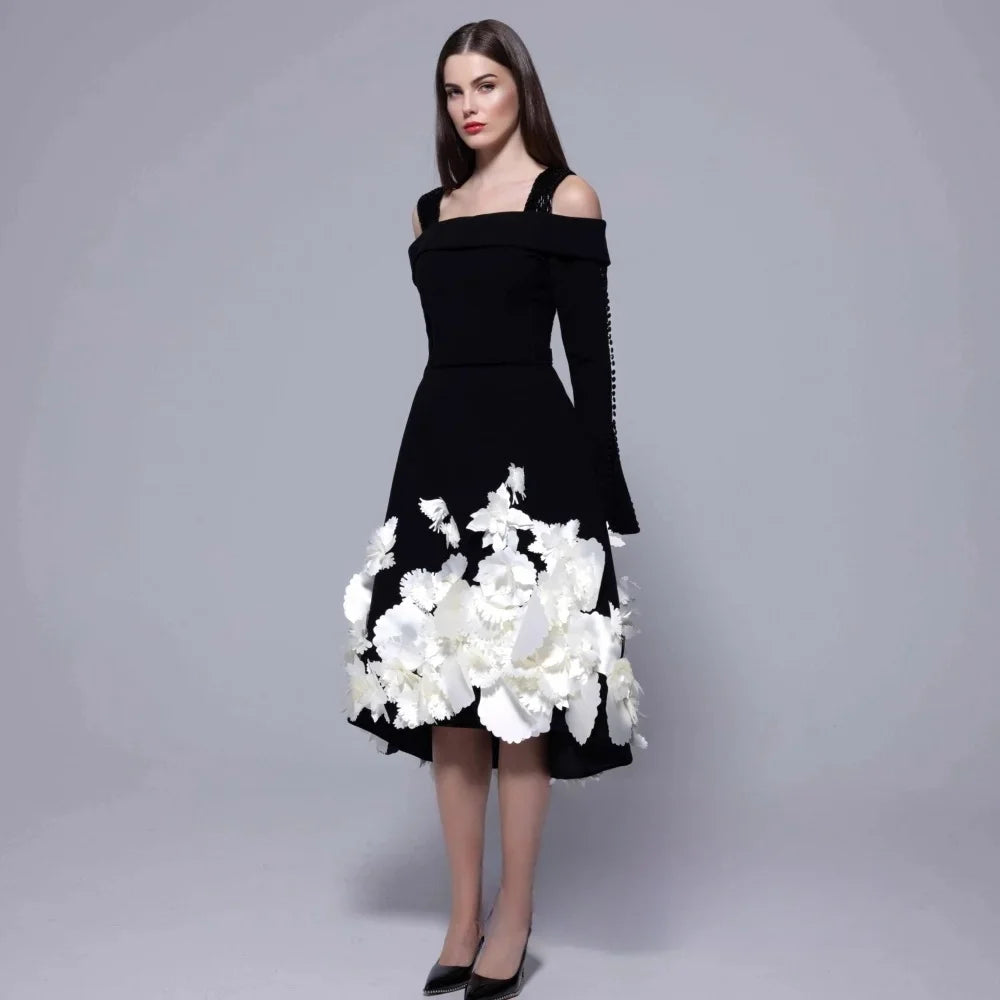 Black Floral Long Sleeves Bespoke Occasion Gown Evening Dresses Pastrol Unisex Jersey Retro Dubai Saudi Arabic Prom Customized