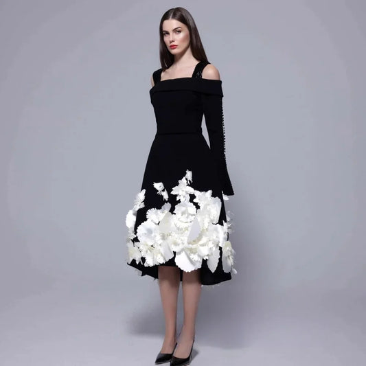 Black Floral Long Sleeves Bespoke Occasion Gown Evening Dresses Pastrol Unisex Jersey Retro Dubai Saudi Arabic Prom Customized