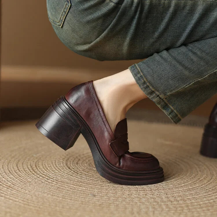 Women Chunky Heel Genuine Leather Wedge Shoes Woman Platform Pumps Female High Heel Zapatos Mujer Handmade thick sole Loafers